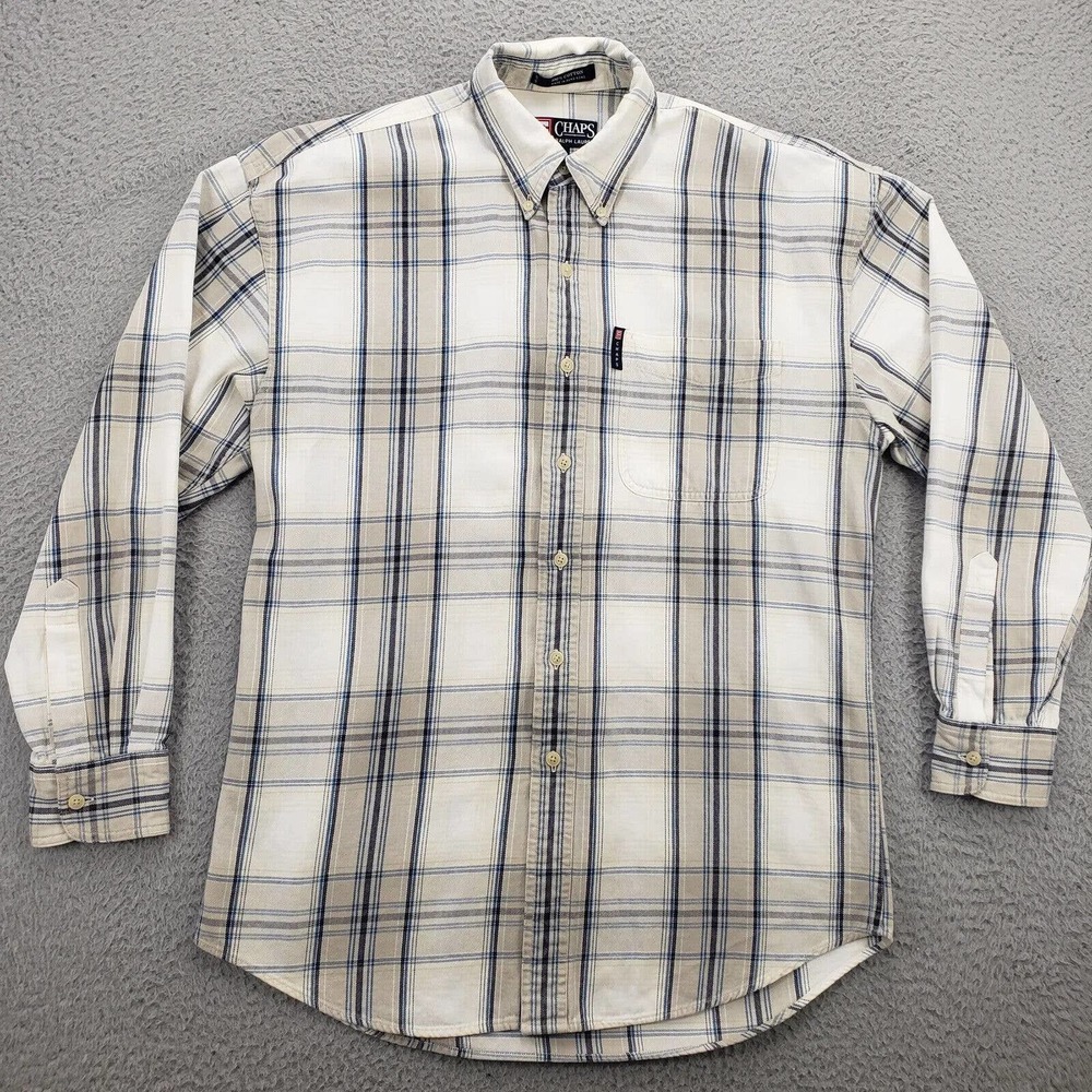 Chaps Shirt Mens Medium Tan Blue Long Sleeve Button Down Pocket Preppy Plaid